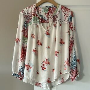 Lucky Brand Floral Print Peasant Blouse, Gathered Sleeves Sz Lg w MEASUREMENTS!